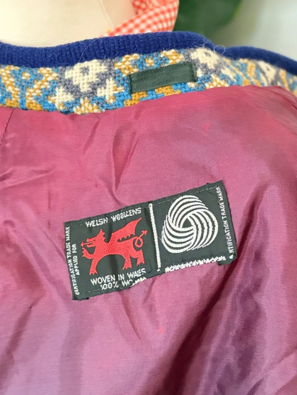 Vintage Welsh Wales Wool Tapestry Geometric Print Gold Blue White Asymmetric